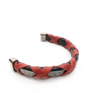 King Baby Studio Red Leather Braided Cuff With Hammered Texture Silver .925 7.75